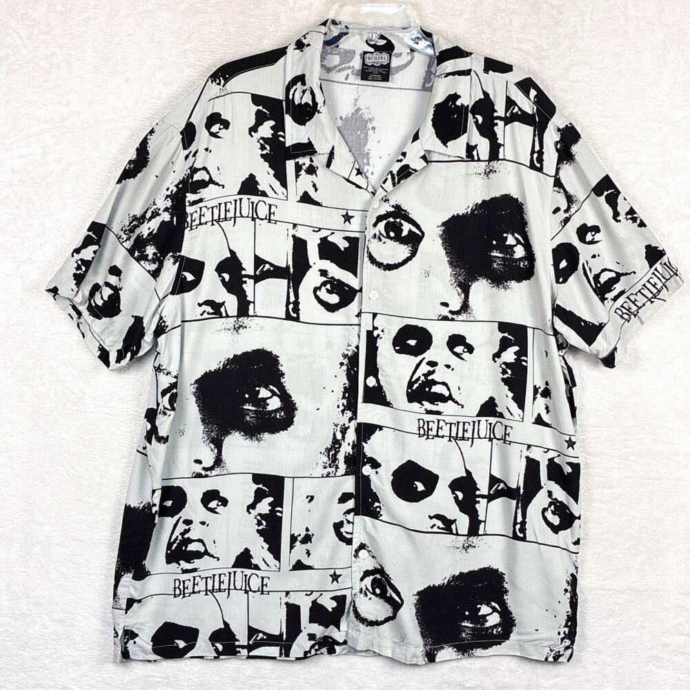Beetlejuice Hawaiian Camp Shirt Mens XL Gray Black AOP Rayon Halloween Costume